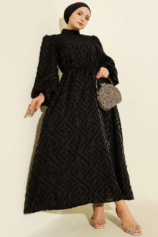 Balon Kol Sim Sakallı Abiye Elbise siyah