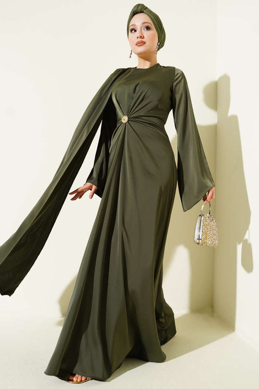 Bel Büzgü Detaylı Saten Abiye Elbise haki