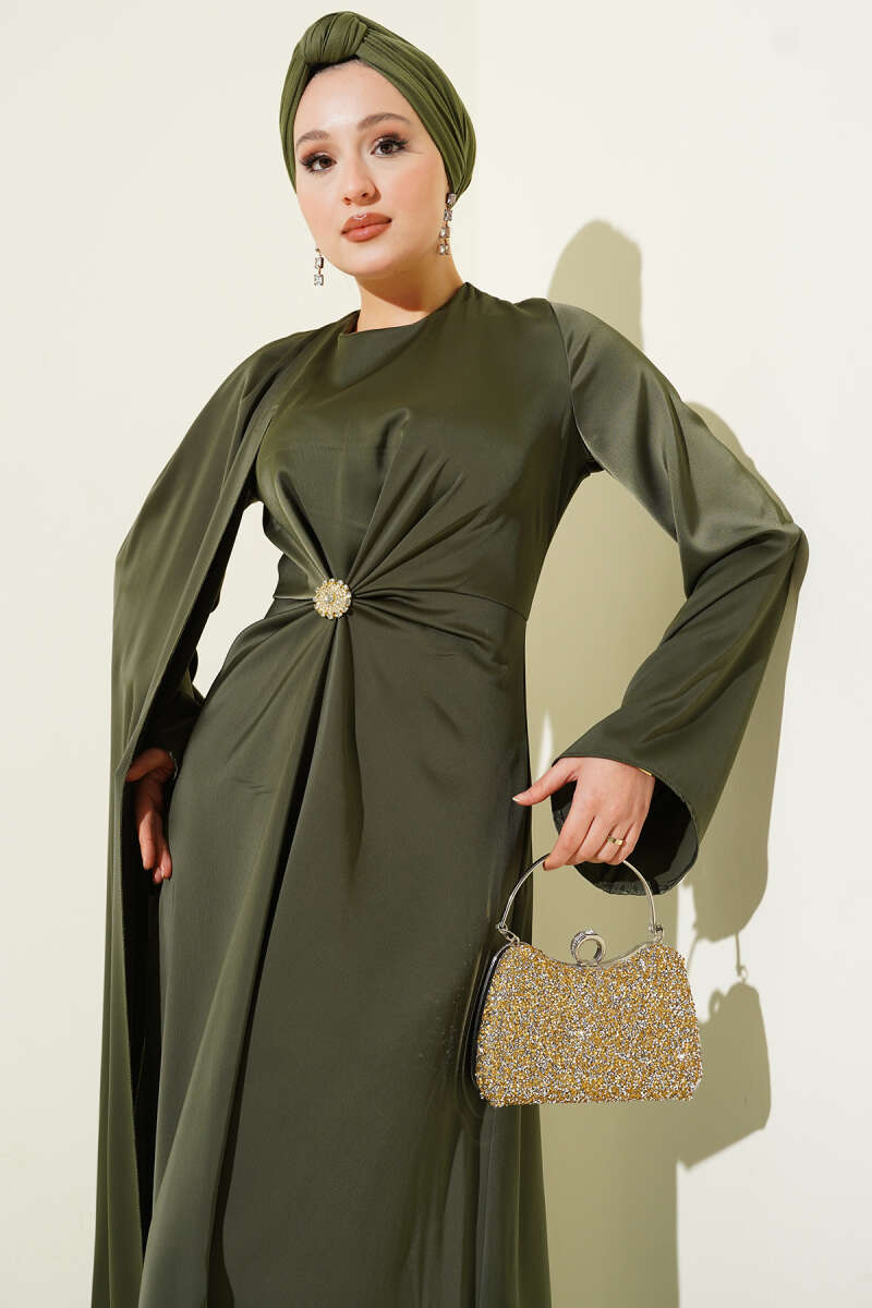 Bel Büzgü Detaylı Saten Abiye Elbise haki