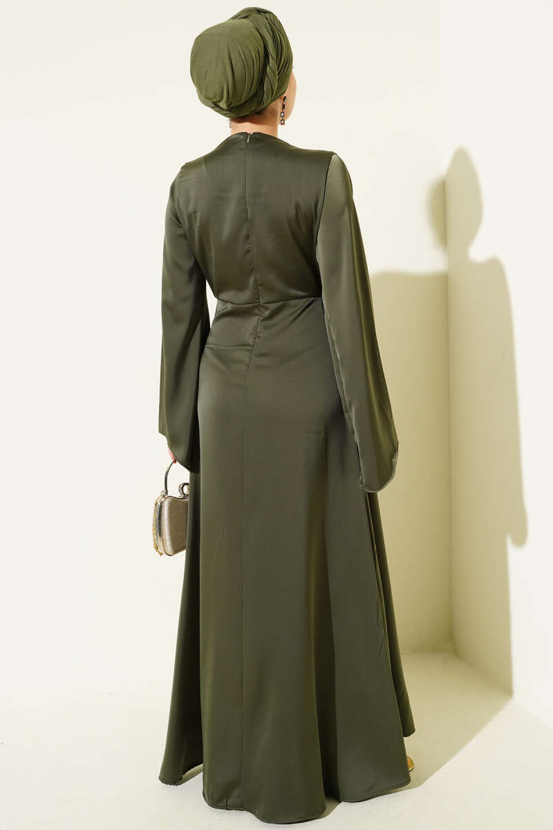 Bel Büzgü Detaylı Saten Abiye Elbise haki