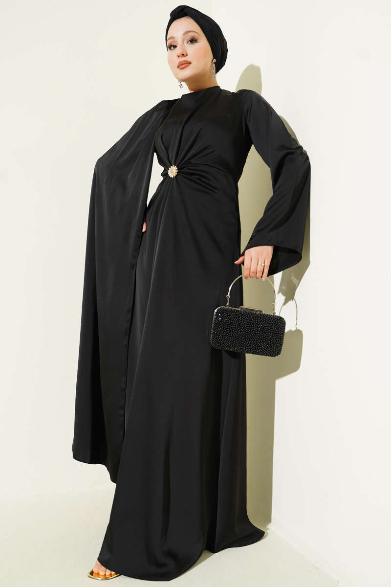 Bel Büzgü Detaylı Saten Abiye Elbise siyah