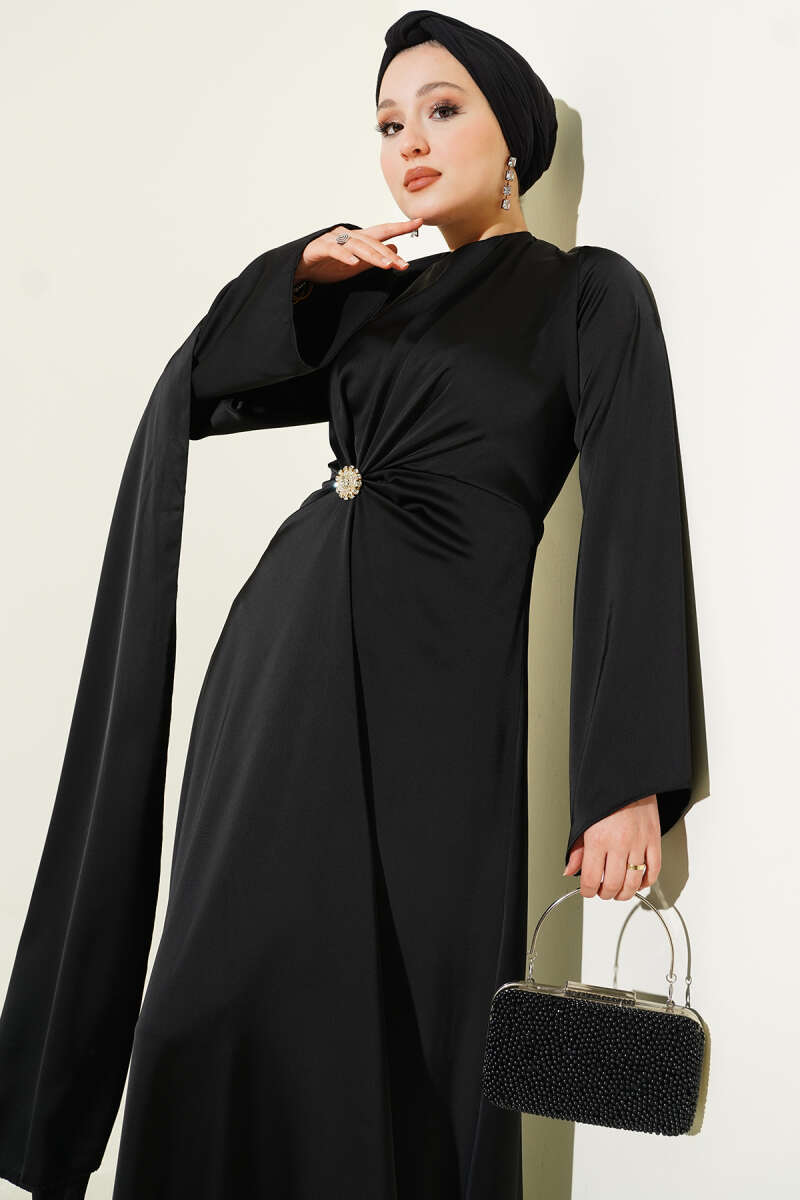 Bel Büzgü Detaylı Saten Abiye Elbise siyah