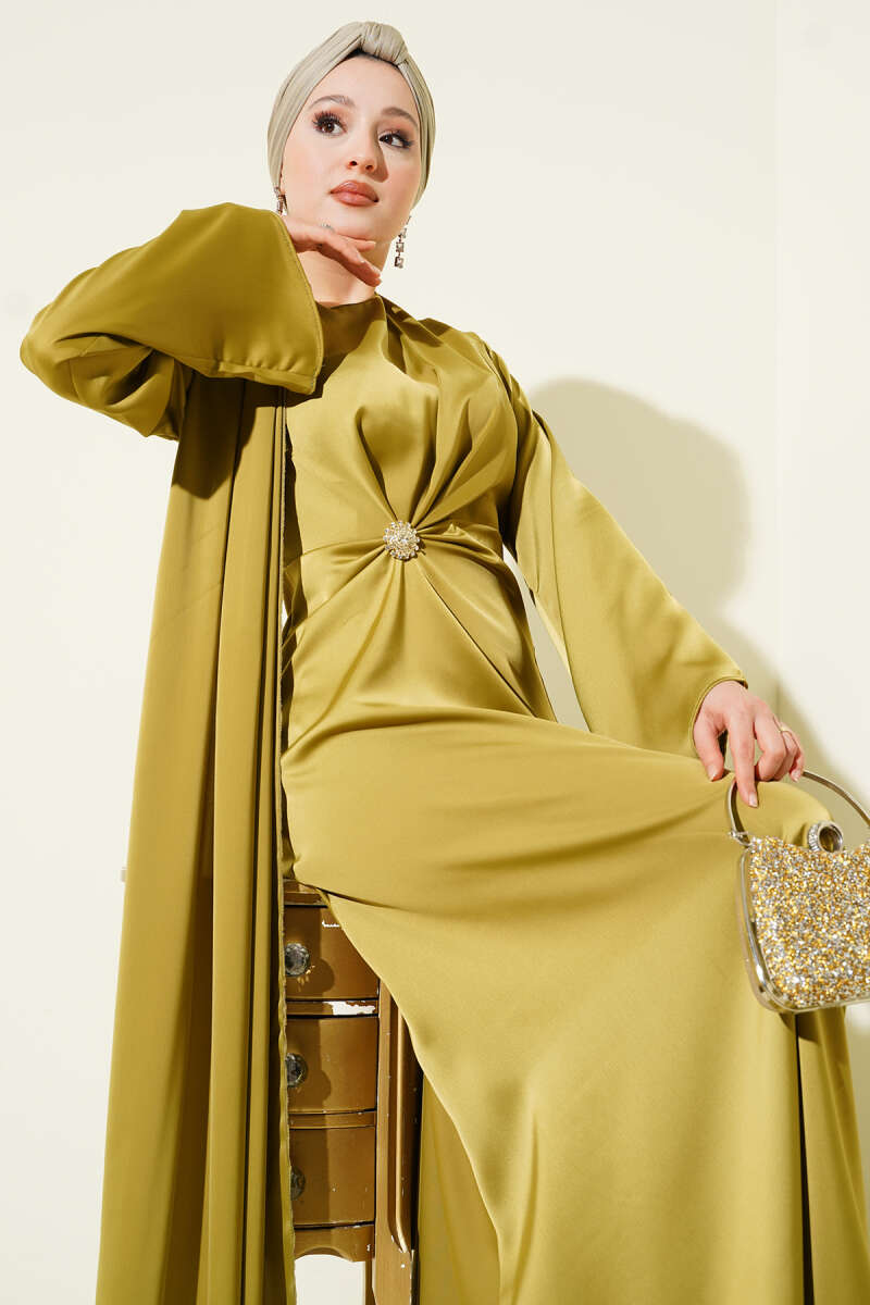 Bel Büzgü Detaylı Saten Abiye Elbise yağ yeşili