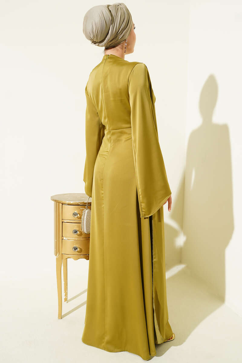 Bel Büzgü Detaylı Saten Abiye Elbise yağ yeşili
