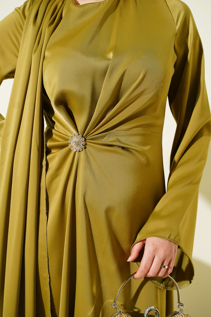 Bel Büzgü Detaylı Saten Abiye Elbise yağ yeşili