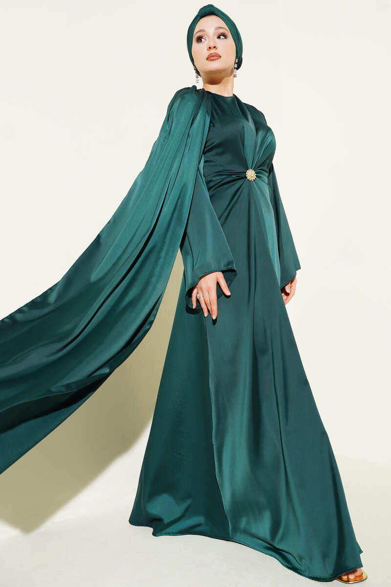 Bel Büzgü Detaylı Saten Abiye Elbise Zümrüt