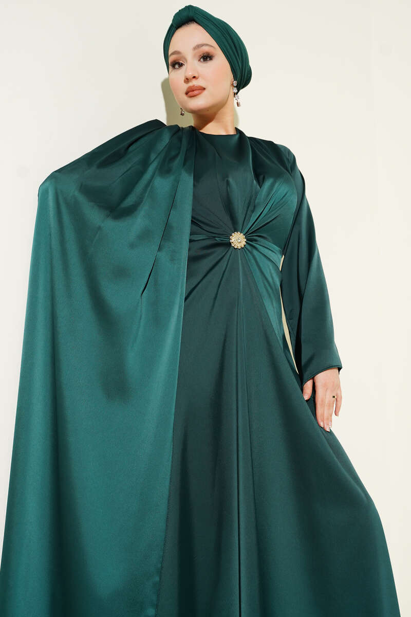 Bel Büzgü Detaylı Saten Abiye Elbise Zümrüt