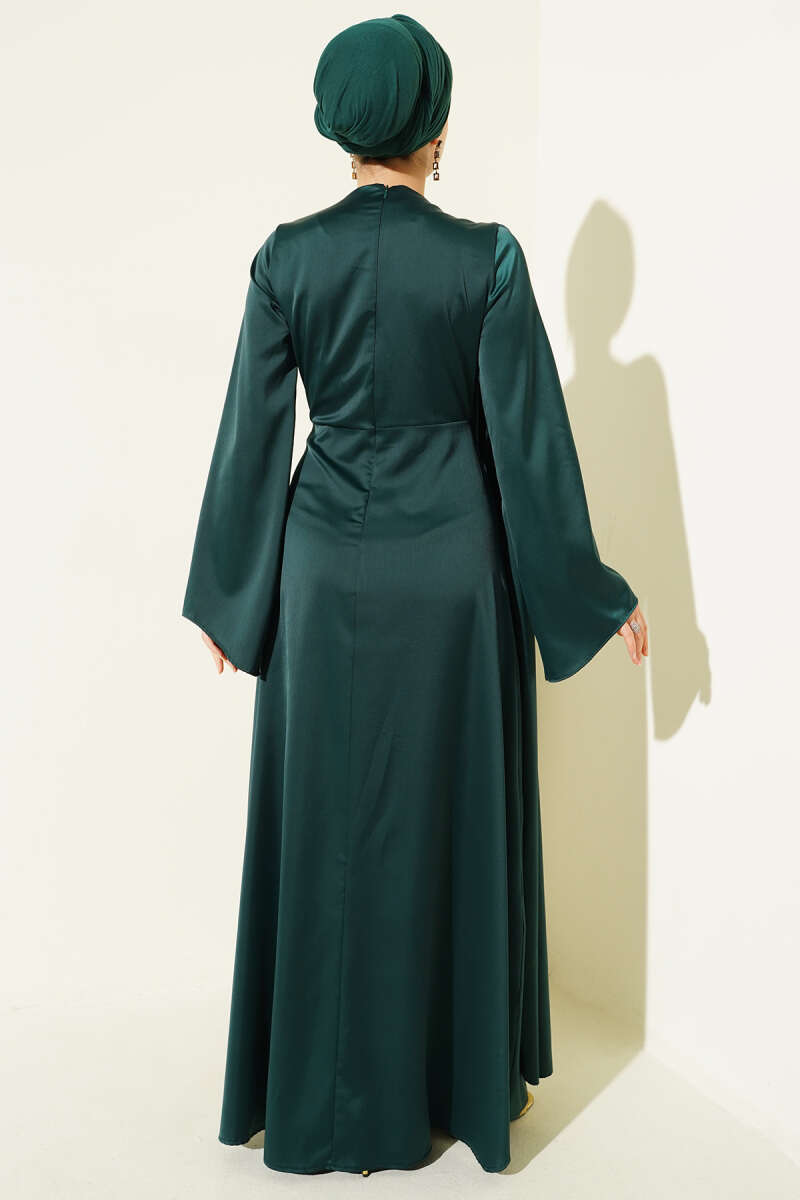 Bel Büzgü Detaylı Saten Abiye Elbise Zümrüt