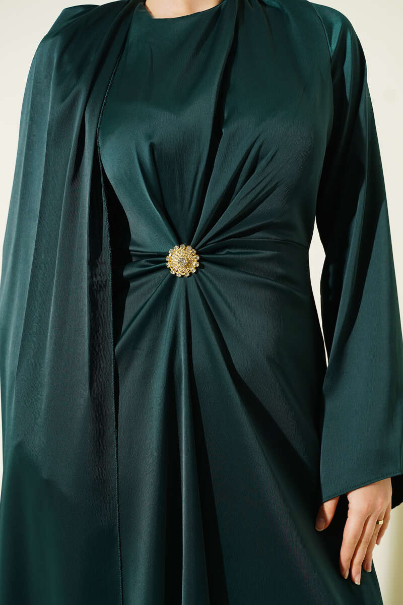 Bel Büzgü Detaylı Saten Abiye Elbise Zümrüt