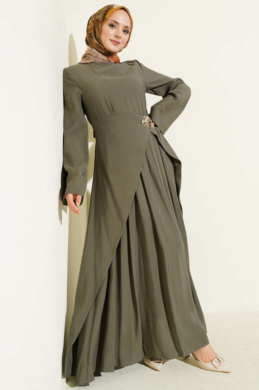 Bel Parça Detaylı Tensel Elbise haki