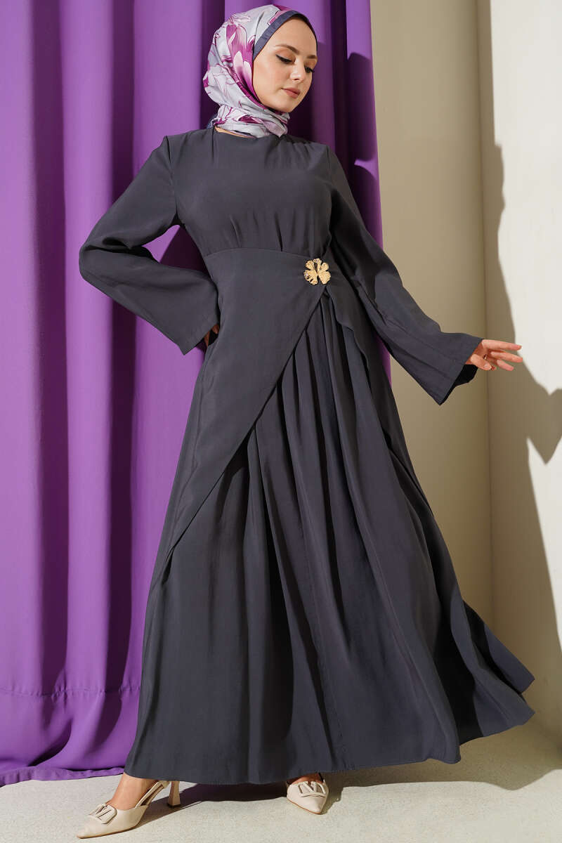 Bel Parça Detaylı Tensel Elbise gri