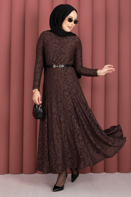 Dantel Detaylı Kemerli Tesettür Elbise kahverengi