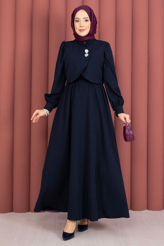 Bolerolu Gold Düğmeli Elbise Takım lacivert