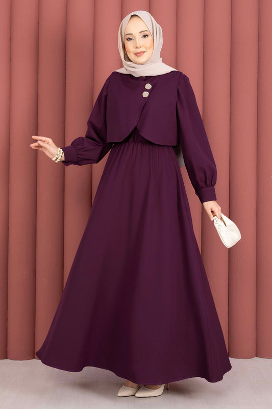 Bolerolu Gold Düğmeli Elbise Takım Mürdüm