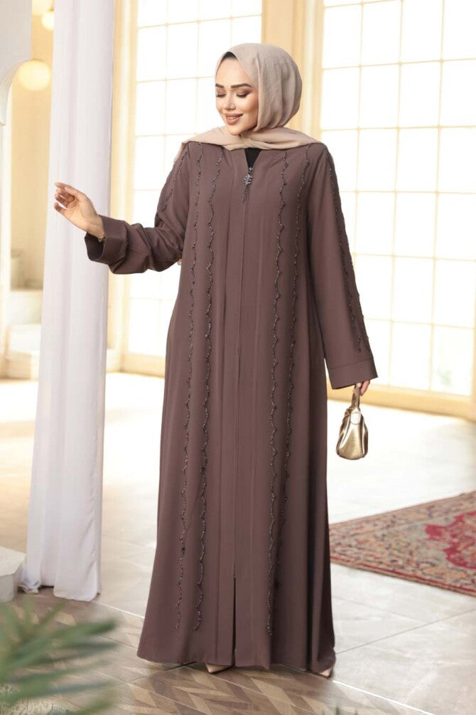 Boncuk İşlemeli Ferace  acı kahve