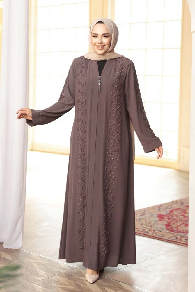 Boncuk İşlemeli Ferace  acı kahve