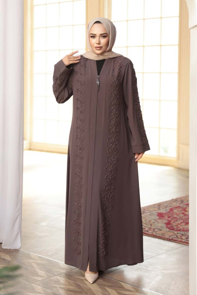 Boncuk İşlemeli Ferace  acı kahve