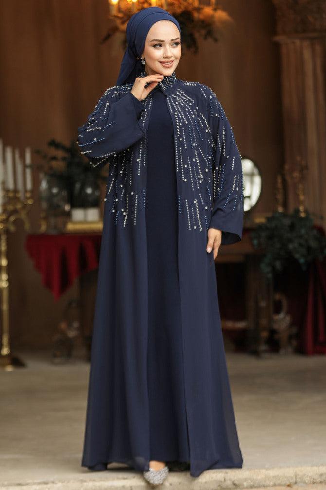 Boncuk İşlemeli  Abaya Takım Lacivert