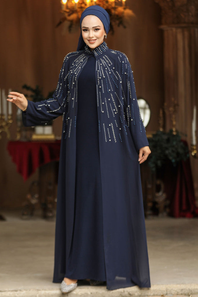 Boncuk İşlemeli  Abaya Takım Lacivert