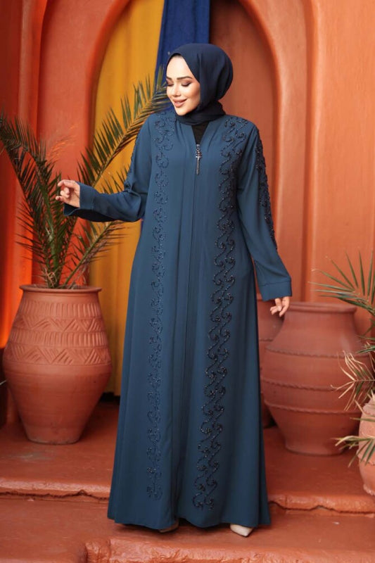 Boncuk İşlemeli Ferace  Petrol Mavisi