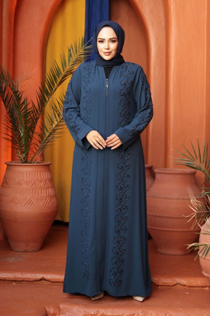 Boncuk İşlemeli Ferace  Petrol Mavisi