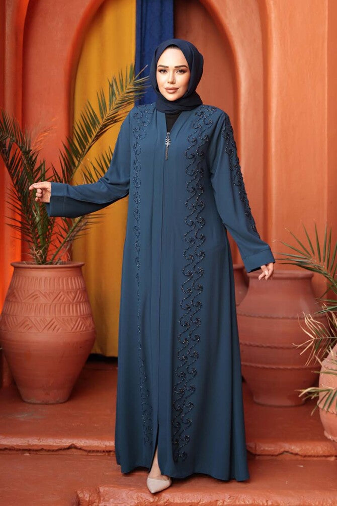 Boncuk İşlemeli Ferace  Petrol Mavisi