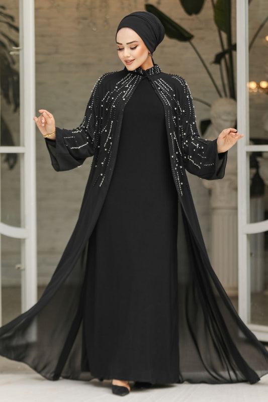 Boncuk İşlemeli  Abaya Takım siyah