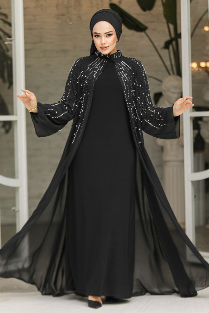 Boncuk İşlemeli  Abaya Takım siyah