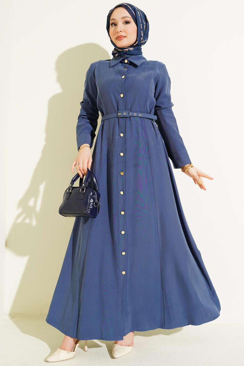 Boydan Düğmeli Kemerli Tensel Elbise mavi