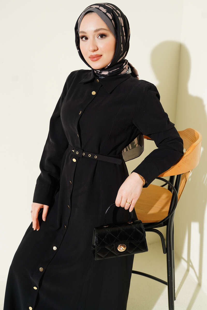 Boydan Düğmeli Kemerli Tensel Elbise siyah