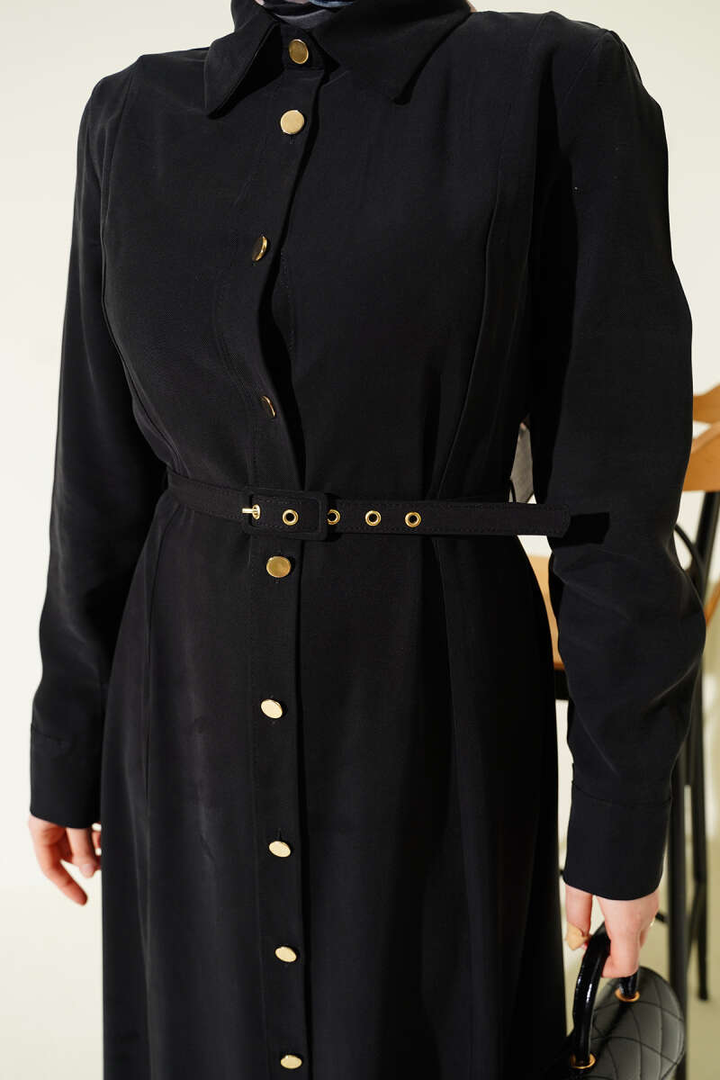 Boydan Düğmeli Kemerli Tensel Elbise siyah