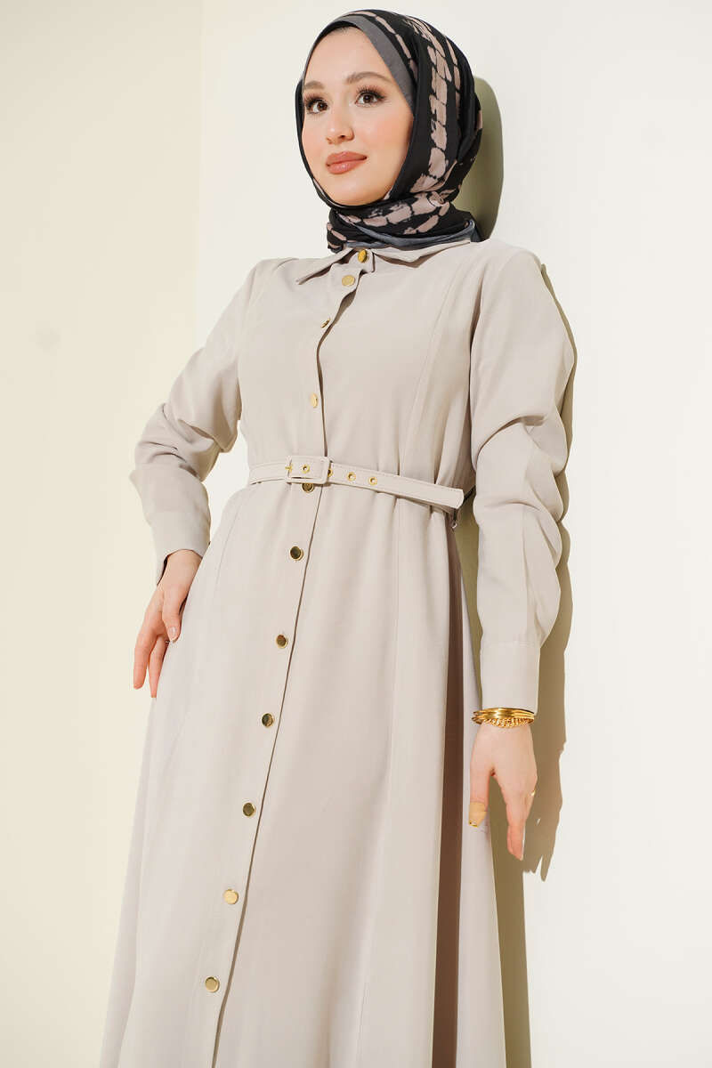 Boydan Düğmeli Kemerli Tensel Elbise taş