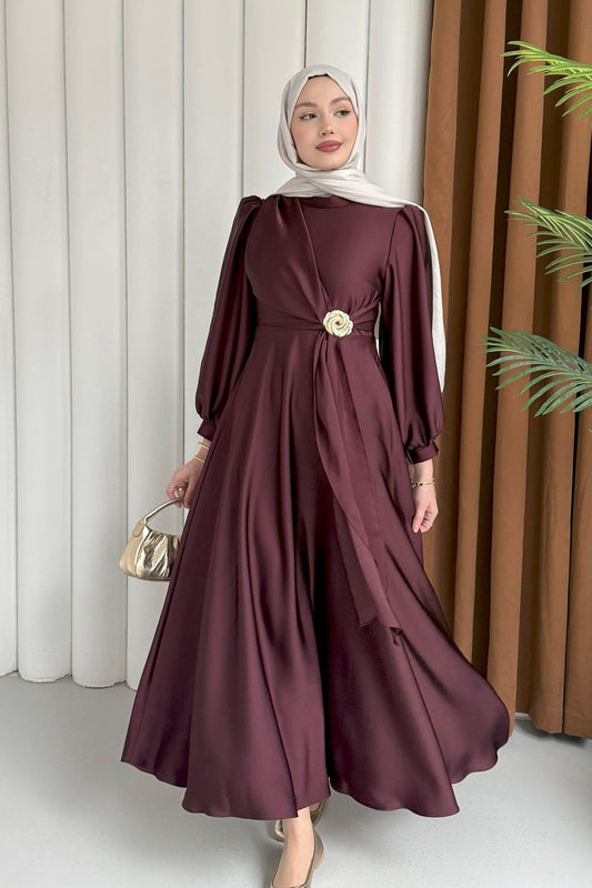 Broş Detaylı Premium Kumaş Saten Tesettür Abiye-bordo