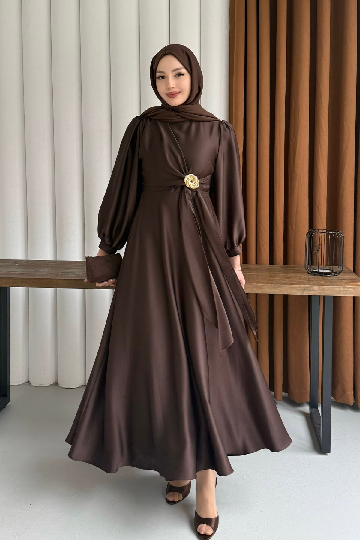 Brooch Detailed Premium Fabric Satin Modest Evening Dress - Brown
