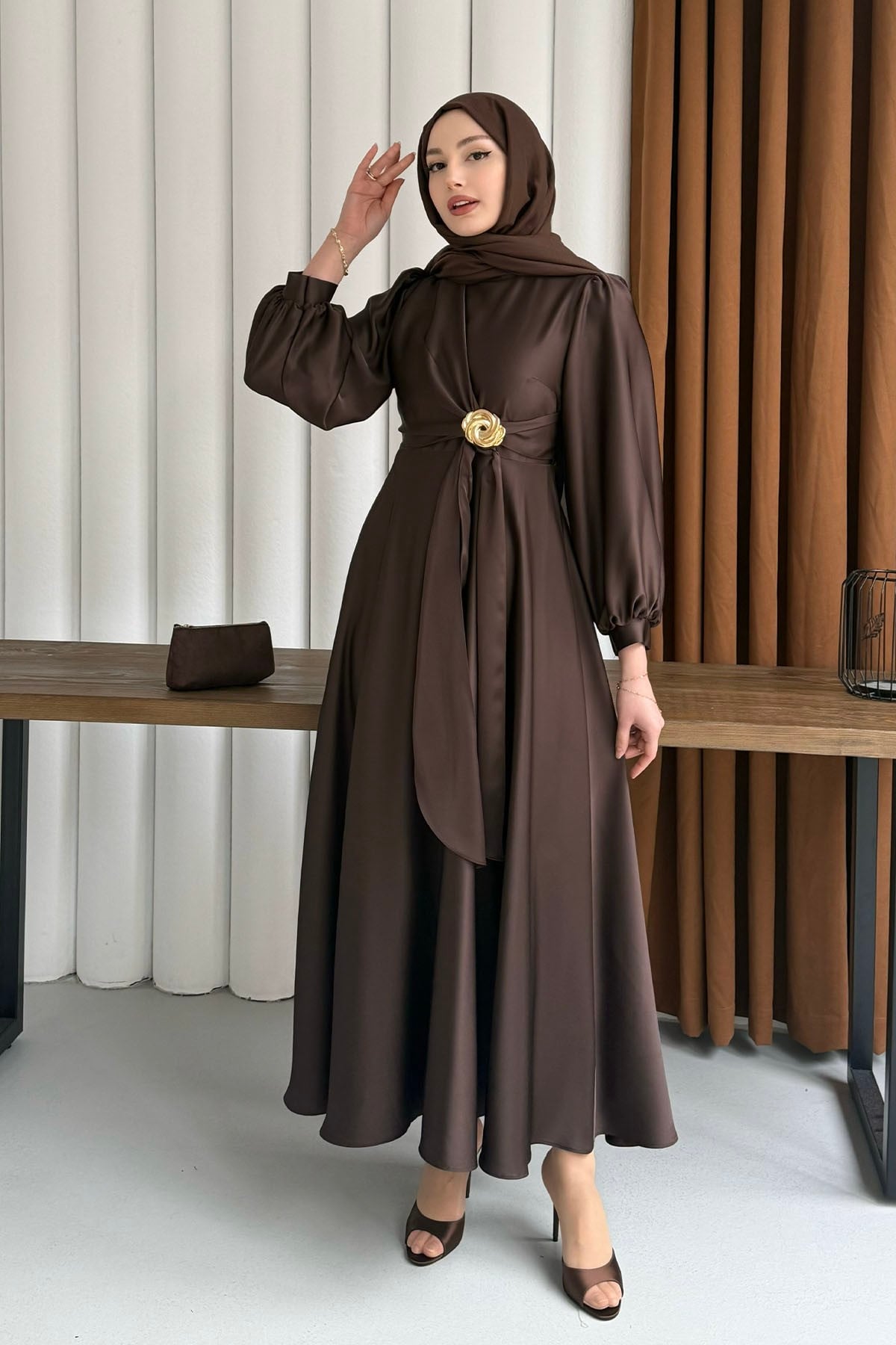 Brooch Detailed Premium Fabric Satin Modest Evening Dress - Brown