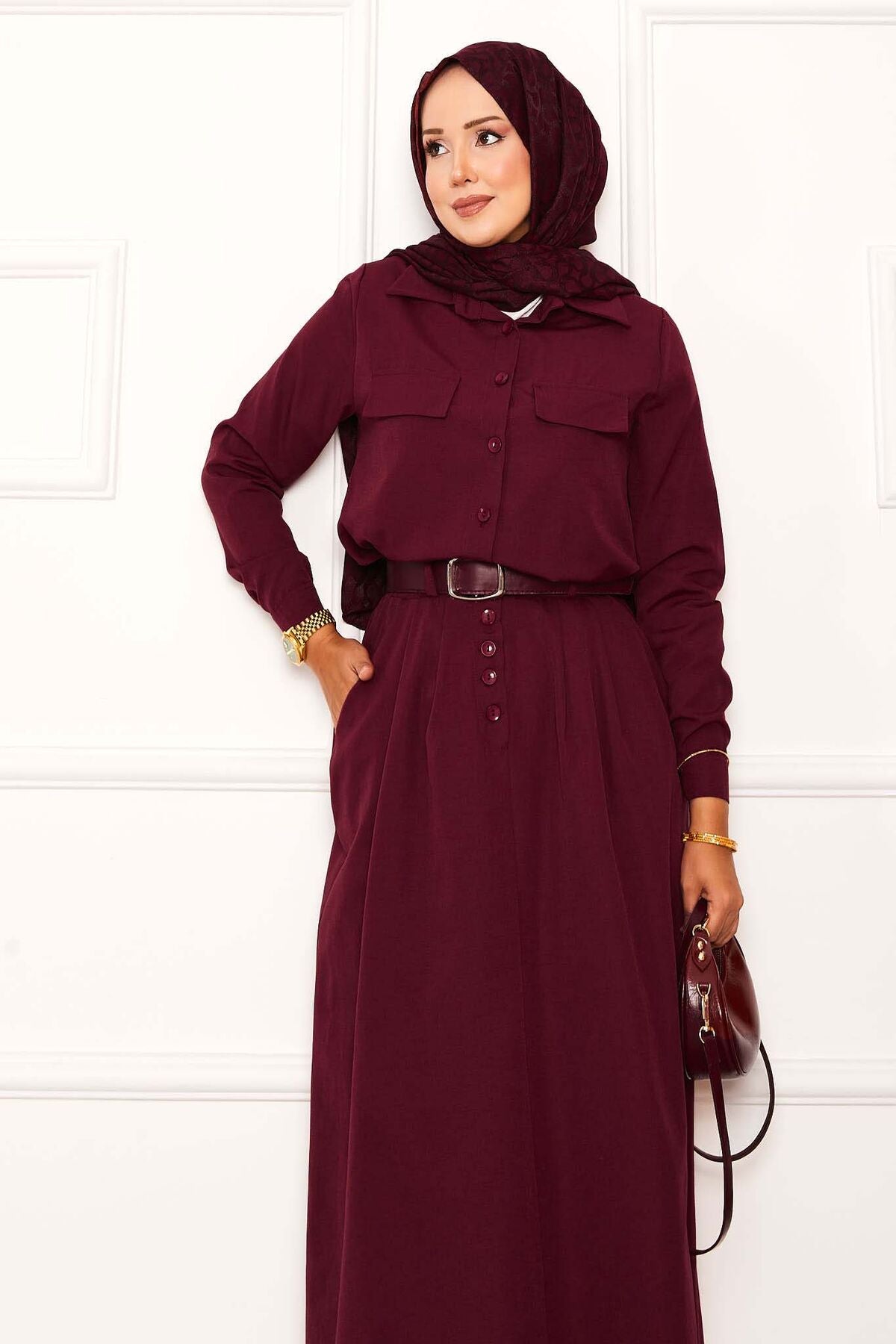Two-Piece Set with Hand Detail Skirt Burgundy
