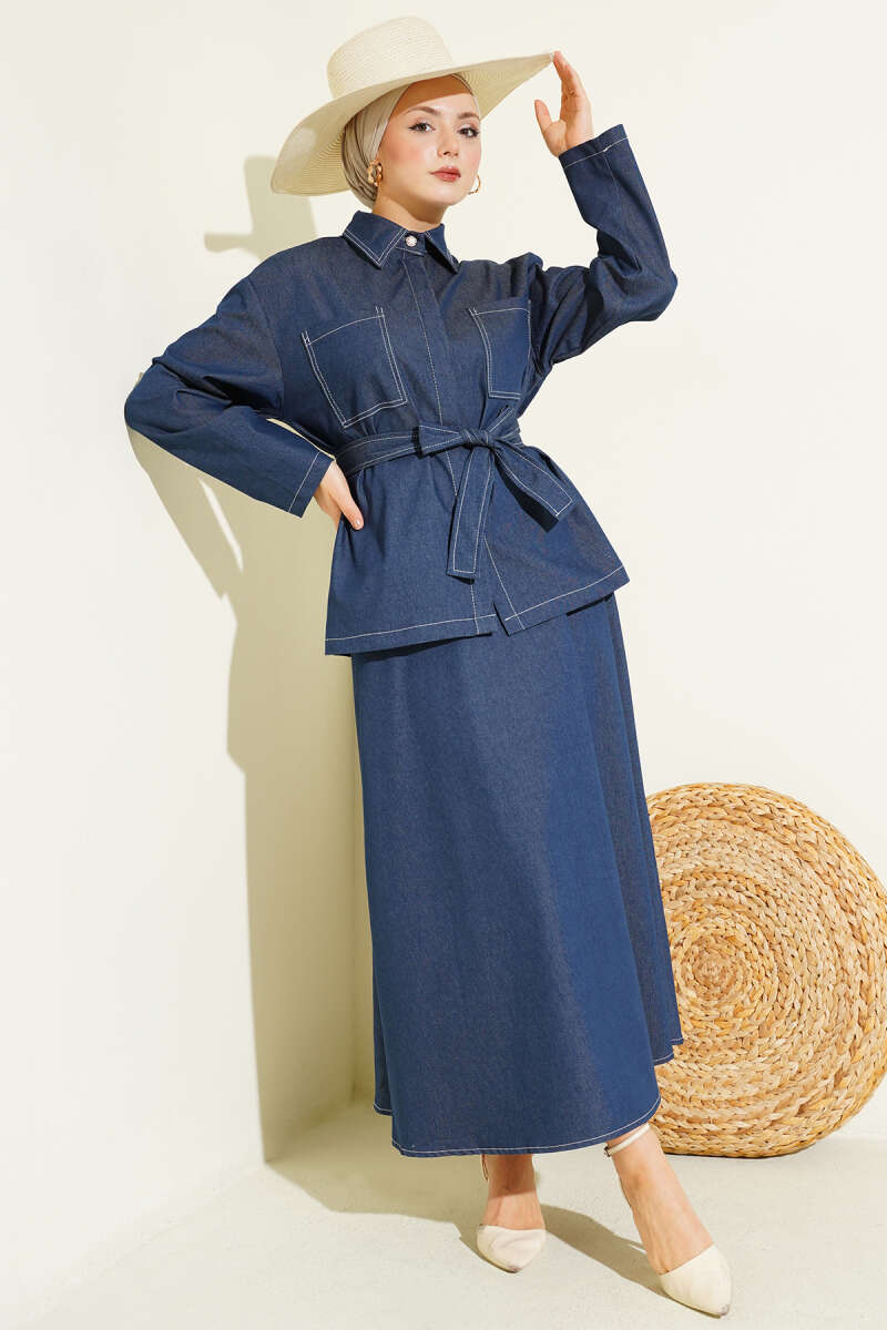 Çift Cepli Kuşaklı Etekli Kot İkili Takım indigo