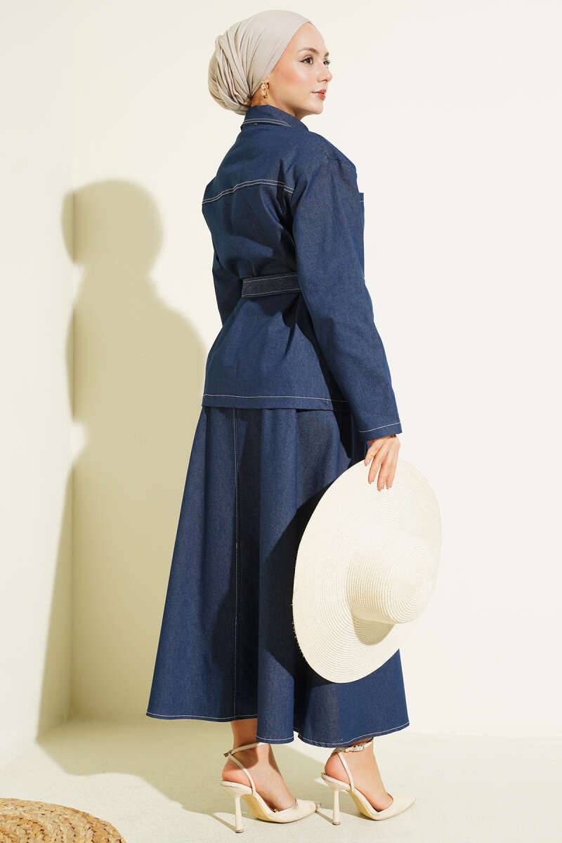 Çift Cepli Kuşaklı Etekli Kot İkili Takım indigo