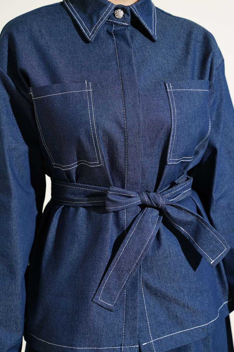 Çift Cepli Kuşaklı Etekli Kot İkili Takım indigo