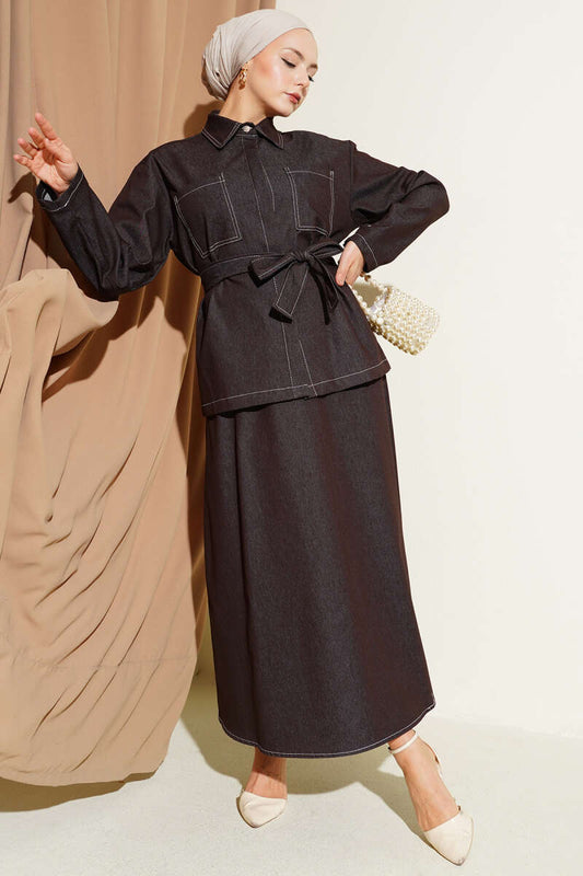 Çift Cepli Kuşaklı Etekli Kot İkili Takım kahverengi