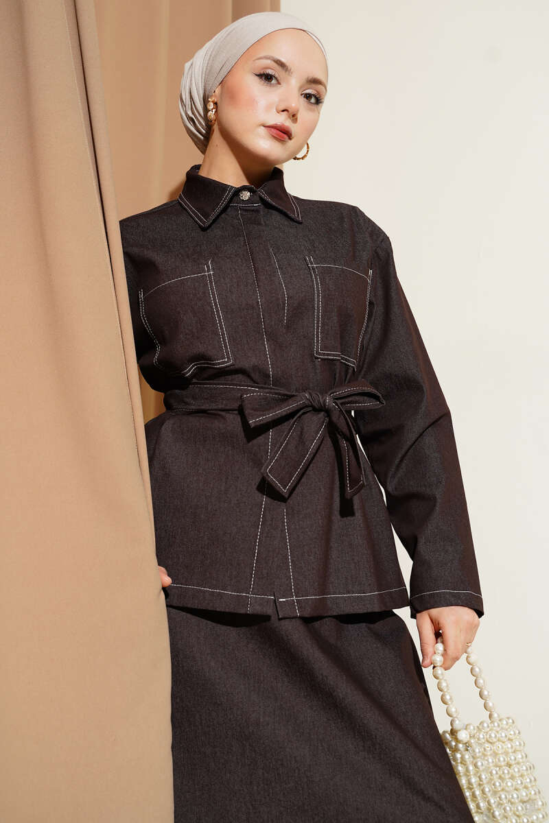 Çift Cepli Kuşaklı Etekli Kot İkili Takım kahverengi