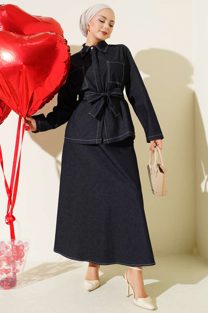 Çift Cepli Kuşaklı Etekli Kot İkili Takım lacivert