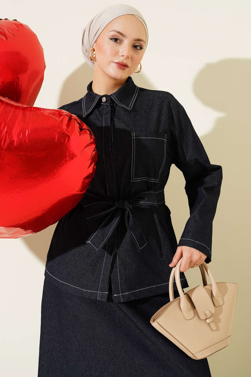 Çift Cepli Kuşaklı Etekli Kot İkili Takım lacivert