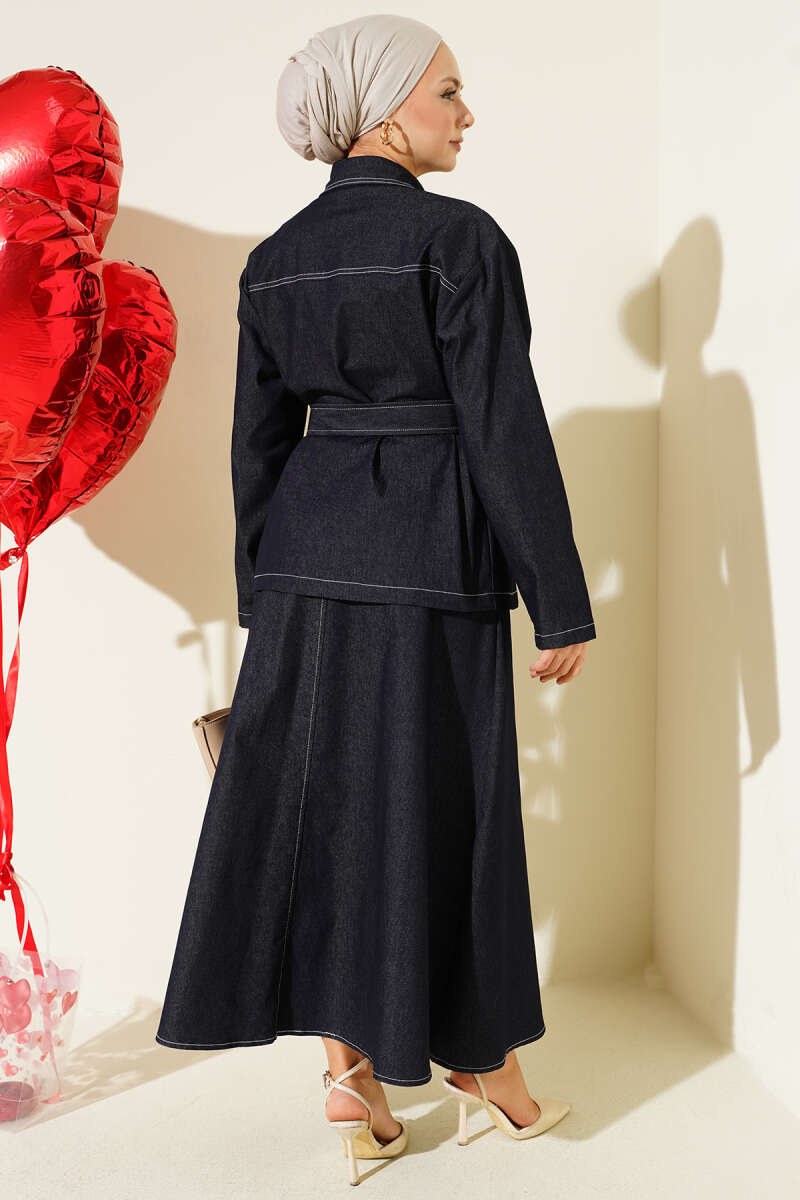 Çift Cepli Kuşaklı Etekli Kot İkili Takım lacivert