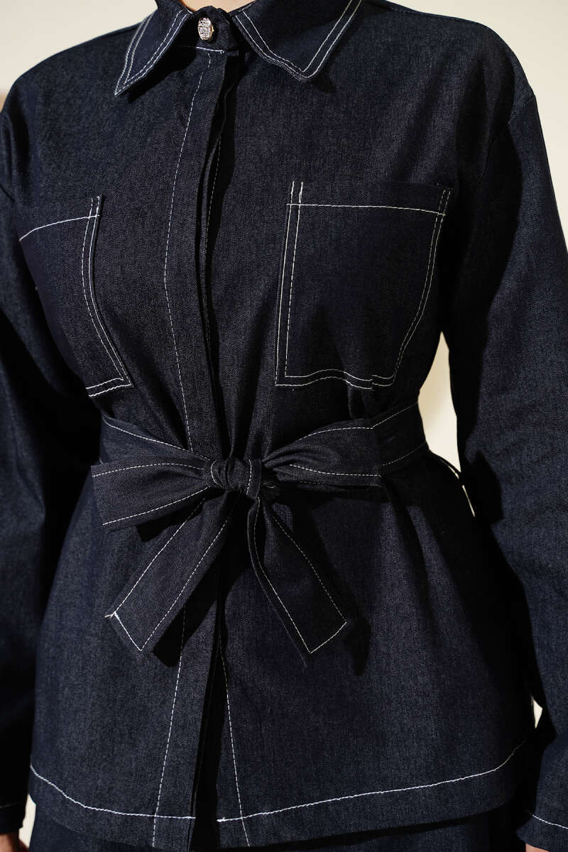 Çift Cepli Kuşaklı Etekli Kot İkili Takım lacivert