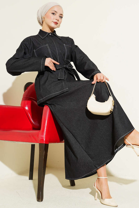 Çift Cepli Kuşaklı Etekli Kot İkili Takım siyah