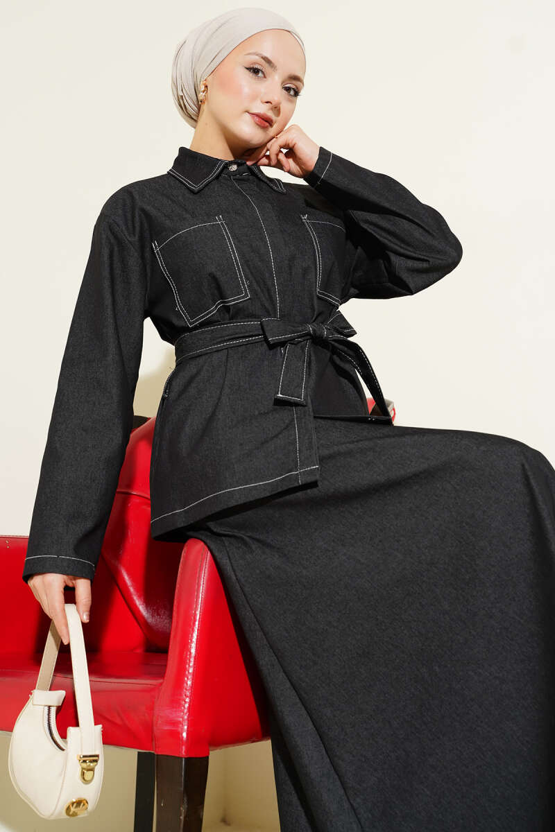 Çift Cepli Kuşaklı Etekli Kot İkili Takım siyah