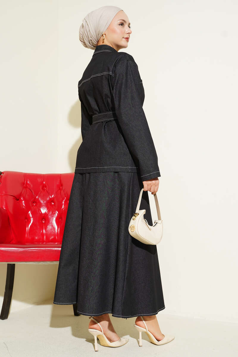 Çift Cepli Kuşaklı Etekli Kot İkili Takım siyah