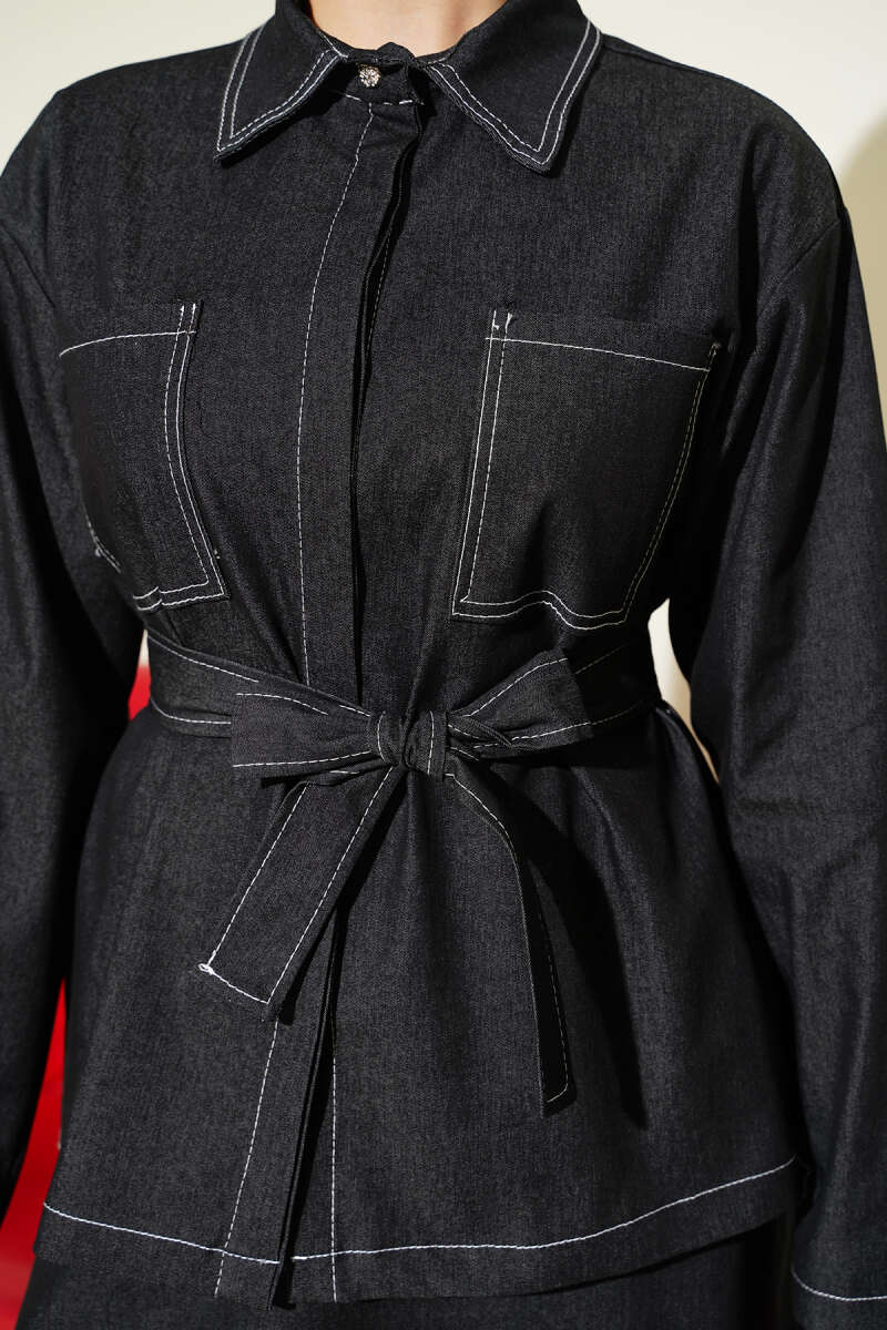 Çift Cepli Kuşaklı Etekli Kot İkili Takım siyah