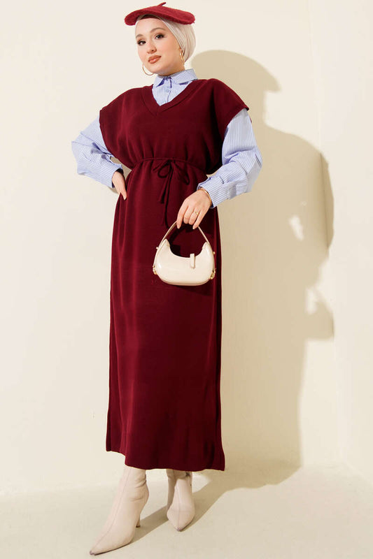 Çizgi Gömlek Garnili Triko Elbise bordo